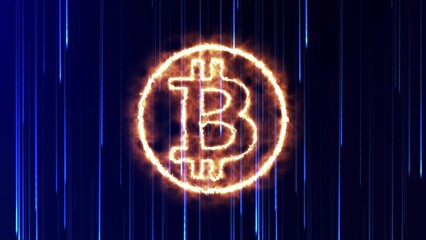 Bitcoin Symbol made of fire, Concept of Digital Payments on neon lines digital background, cryptocurrency
