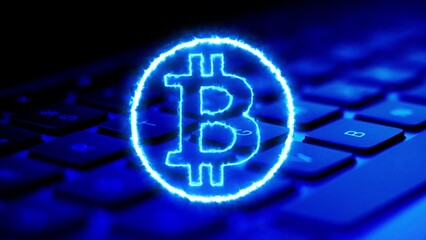 Bitcoin Symbol neon, Concept of Digital Payments on computer key