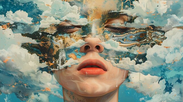 surreal collage that combines elements of dreams and reality, featuring whimsical imagery