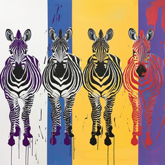 illustration zebras in a row with colorful stripes in background