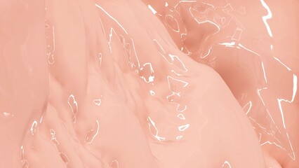 Cream peach glossy liquid background organic plastic 3d render abstract wave, elegant textile, macro soft smooth latex texture
