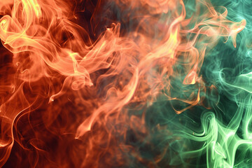 Event backdrop of rich coral smoke with lively neon green swirls, warm and vibrant.