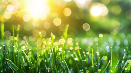 Obraz premium A fresh spring sunny garden background of green grass and blurred foliage bokeh