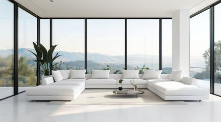 Minimalist living room in white color with a modern white sofa, floor-to-ceiling windows with a view of a sunny landscape