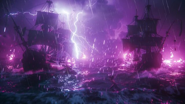 Pirate ships fighting during a storm