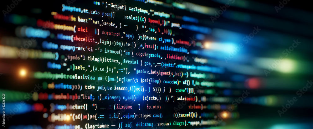 Fototapete Close-up of computer code on a monitor, colorful bokeh effect in the background, highlighting the concept of software development. Generative AI