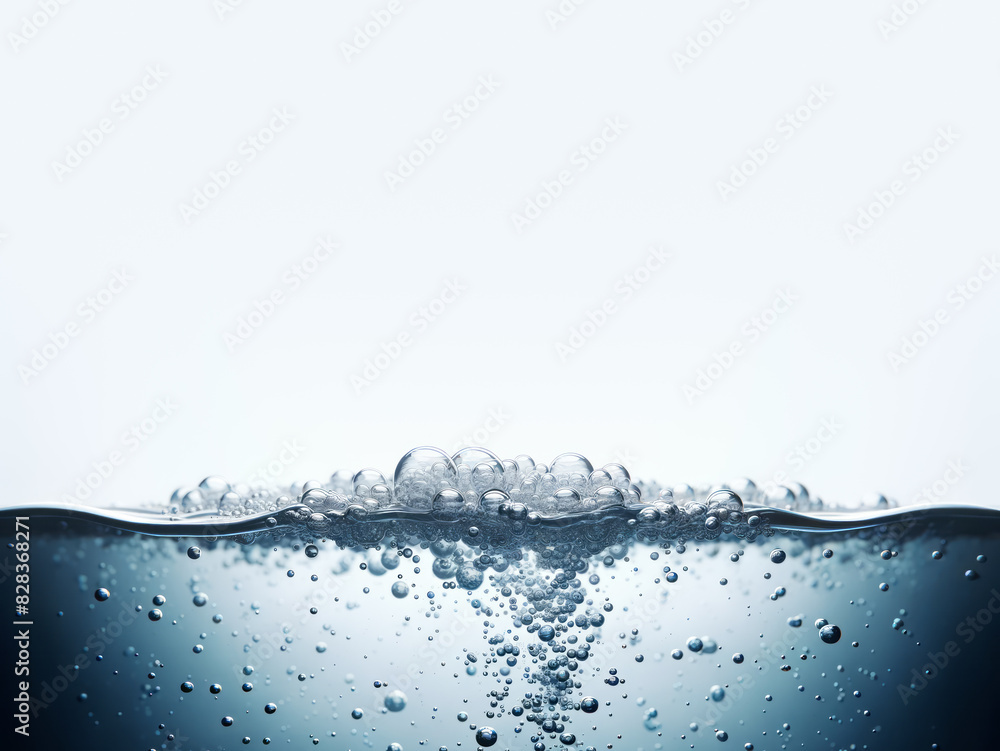 Poster close-up of water surface with bubbles against a white background, embodying the concept of purity. 