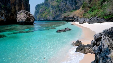 A secluded beach with pristine white sand and crystal blue waters surrounded by rugged cliffs.