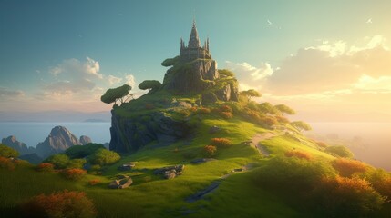 Fantasy epic magic landscape. Mystical valley. Rural nature background.