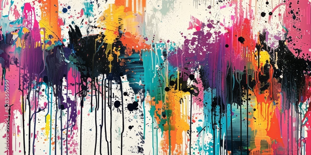 Poster explosive color drips and splatters in abstract painting. modern art with splashes and drips of mult