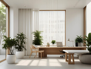 A sleek, minimalist office space with clean lines and a Zen-inspired design. Neutral color palette with shades of white, beige, and light wood.