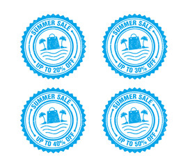 Summer sale, blue grunge stamp set. Sale up to 20%, 30%, 40%, 50% off