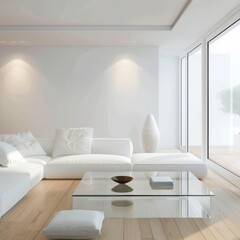 Minimalist living room in white color with a sleek white sofa, a glass coffee table, and natural light flooding the space 