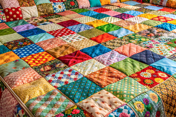 The patchwork bedspread is made from a variety of different colored pieces of fabric, creating a unique and beautiful design. It is a handmade product that adds a touch of personality to any bedroom.