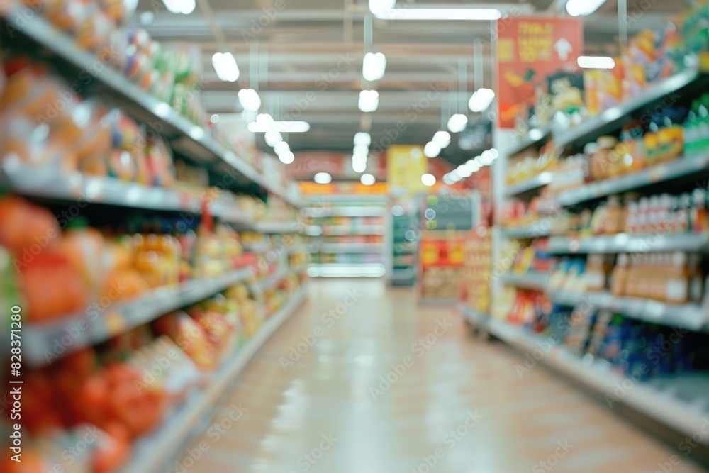 Wall mural A variety of food products neatly arranged on a grocery store aisle. Ideal for food and shopping concepts