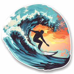 Ocean wave surfer composition on a White Canvas Sticker,vector image