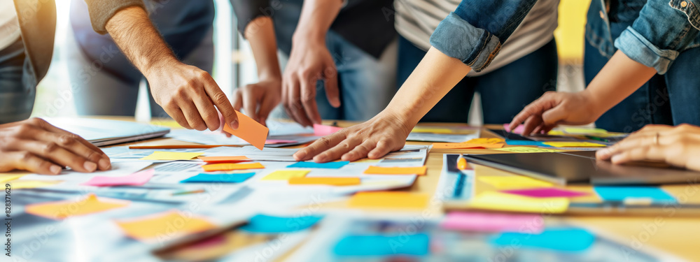 Poster team hands working with sticky notes on table, creative meeting concept, blurred background. generat