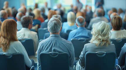 People seated in a conference room, viewed from behind, blurred background, concept of corporate event. Generative AI