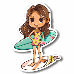A surfer Cute girl character on a White Canvas Sticker,vector image