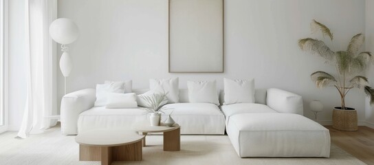 Minimalist living room in white color with a stylish white sofa, simple wall art, and an airy ambiance