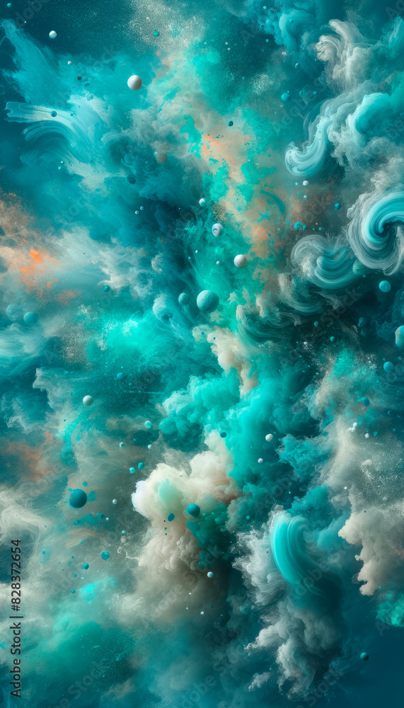 Poster an abstract cosmic-inspired composition, with swirling colors and elements against a star-like backg