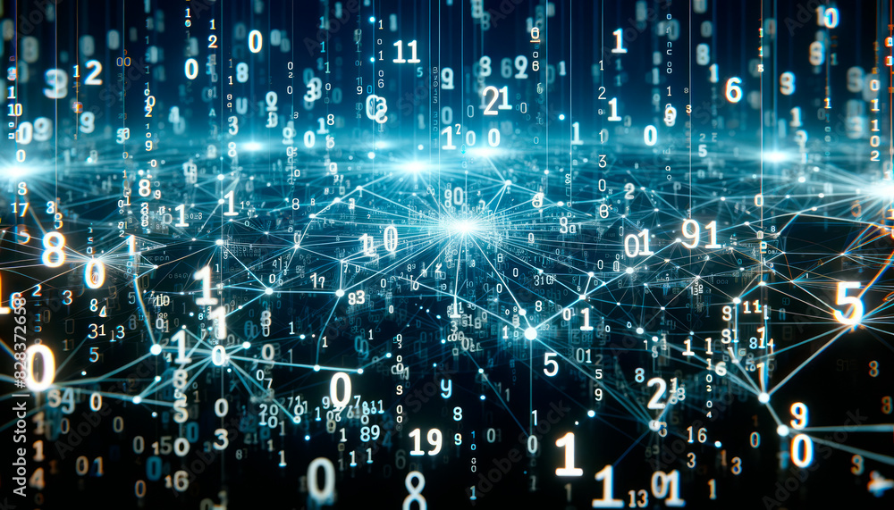 Poster Falling numbers and network connections on a dark blue background, symbolizing data technology concept. Generative AI