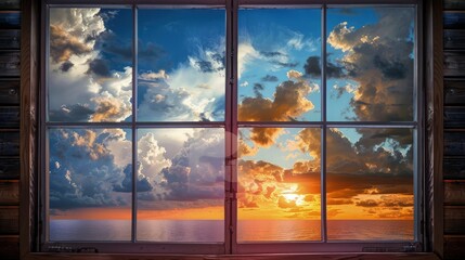 A serene morning sky with soft, white clouds, framed by a window with light curtains swaying in the breeze.