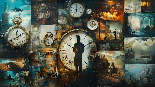 collage inspired by the concept of time, featuring images of clocks, hourglasses, and calendar pages