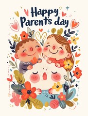 Fototapeta premium Happy parents' day. Illustration for the international family day. Happy parents and their children.