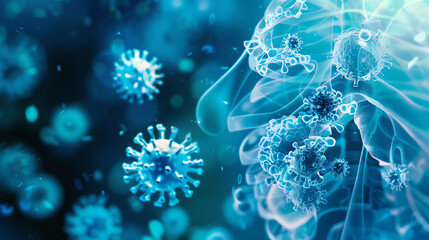 A blue and black image of viruses with a human head in the center. The viruses are round and have spikes sticking out of them. The human head is in profile and looks like it is screaming.