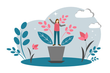 The concept of personal growth. Woman in a flower pot. Personality development