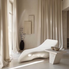 Minimalist living room in white color with a white chaise lounge, a geometric coffee table, and large white curtains 