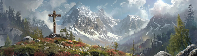 Scenic view of a mountain landscape with a wooden cross on a hilltop, surrounded by colorful wildflowers and snowy peaks, Banner.