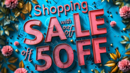 a lively "Shopping Sale with 50% off" banner, devoid of any brand logos, promising incredible savings and deals