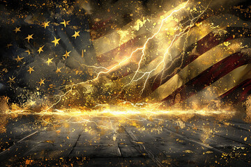 Graphite and gold bolt explosion on a dynamic patriotic abstract background.