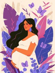 A beautiful pregant woman with long black hair in a white dress standing between big leaves and purple butterflies, flat pastel colors