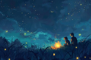 Starry night scene with two people sitting on grass and a fire