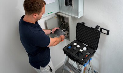 A technician works with a demo kit of the smart home system