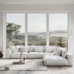 Minimalist living room in white color with a white couch, large bay windows overlooking a picturesque summer landscape, and simple accents