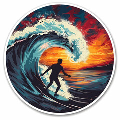 Ocean wave surfer composition on a White Canvas Sticker,vector image