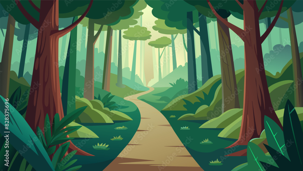 Poster a peaceful forest path leading into the unknown representing the ability to let go and trust in the 
