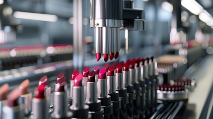 Fototapeta premium Lipsticks with a filling machine in a cosmetics factory with a conveyor. 