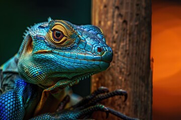 Fototapeta premium Close up of a lizard perched on a tree. Suitable for nature and wildlife themes