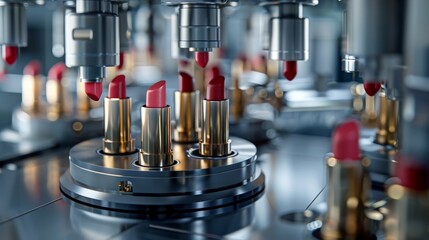 Lipsticks with a filling machine in a cosmetics factory with a conveyor.
