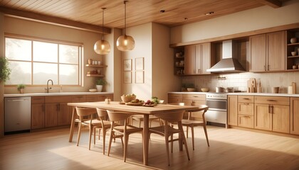 Modern light kitchen interior with dining area near window, wooden concept, 3d rendering