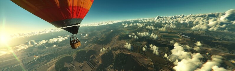 Hot air balloon flying over a mountain range, travel concept 