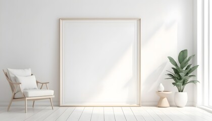 Mock up frame in white home interior background, bright room with minimal decor, 3d render
