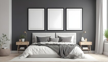 Blank poster frames in modern bedroom interior for mock up, 3d illustration