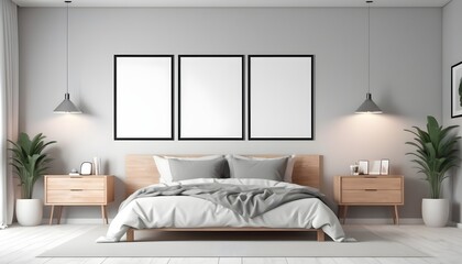 Blank poster frames in modern bedroom interior for mock up, 3d illustration