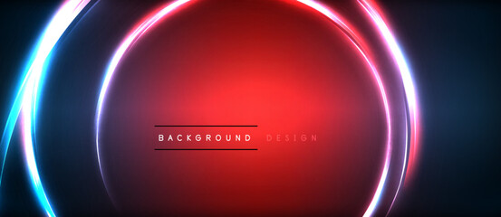 Neon glowing circle rays, light round lines in the dark, planet style neon wave lines. Energetic electric concept design for wallpaper, banner, background